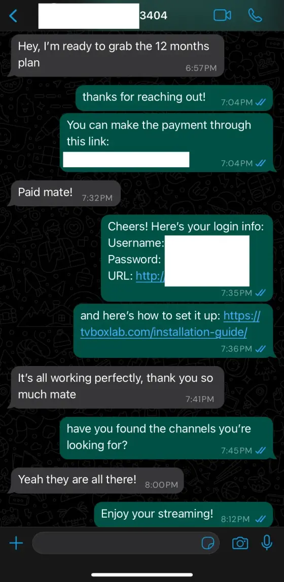 Customer WhatsApp feedback screenshot about their IPTV UK subscription with LiveIPTV