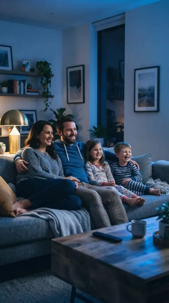 Family gathered around international channels on a LiveIPTV IPTV UK subscription
