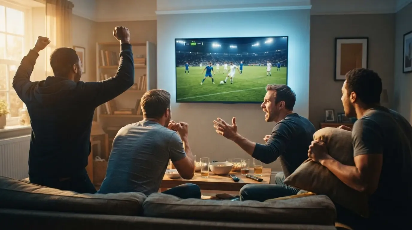 Two men watching a live football match in 4K on a LiveIPTV IPTV UK subscription