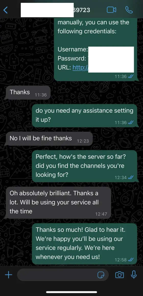 Customer proof screenshot showing a positive IPTV UK subscription experience with LiveIPTV